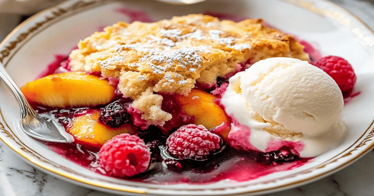 Raspberry peach cobbler served with vanilla ice cream