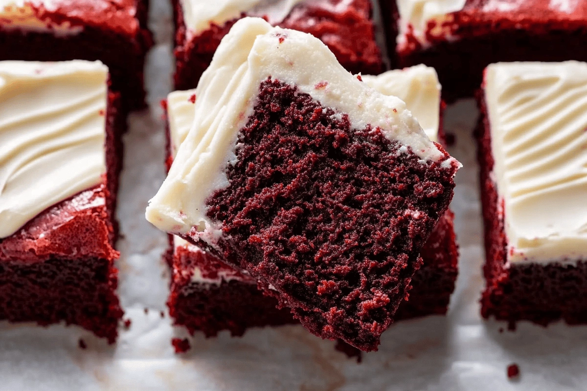 Red Velvet Brownies with Cream Cheese Frosting on Plate