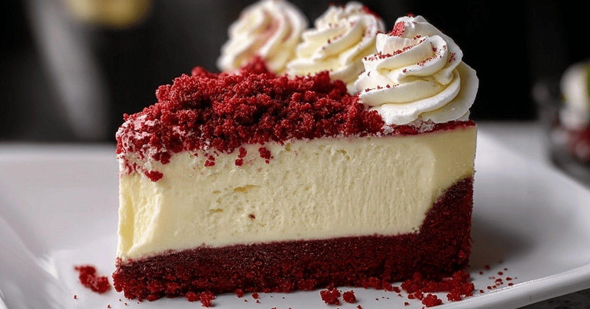 red velvet cheesecake slice with calorie info
