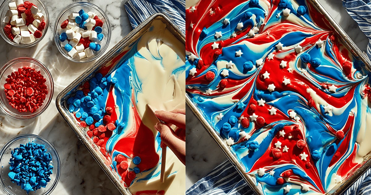 Swirling red, white, and blue candy melts for patriotic bark recipe topped with festive stars and M&Ms