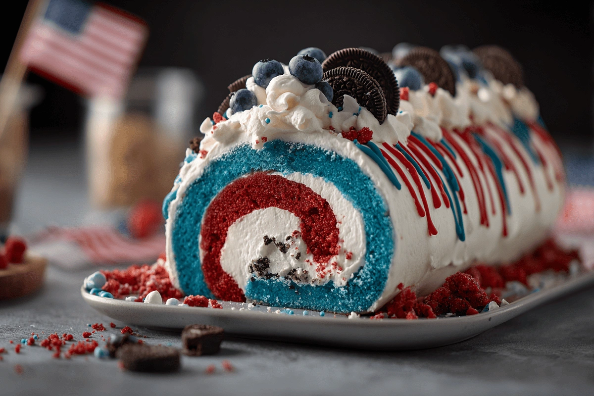 Red White & Blue Oreo Cake Roll Explosion topped with whipped cream, Oreos, blueberries, and patriotic sprinkles