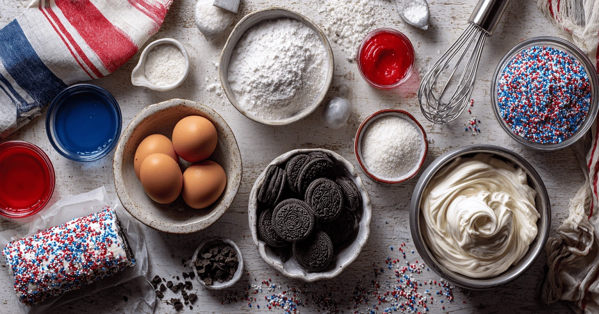 Flat lay of ingredients for Red, White & Blue Oreo Cake Roll Explosion including eggs, Oreos, whipped cream, sprinkles, and food coloring
