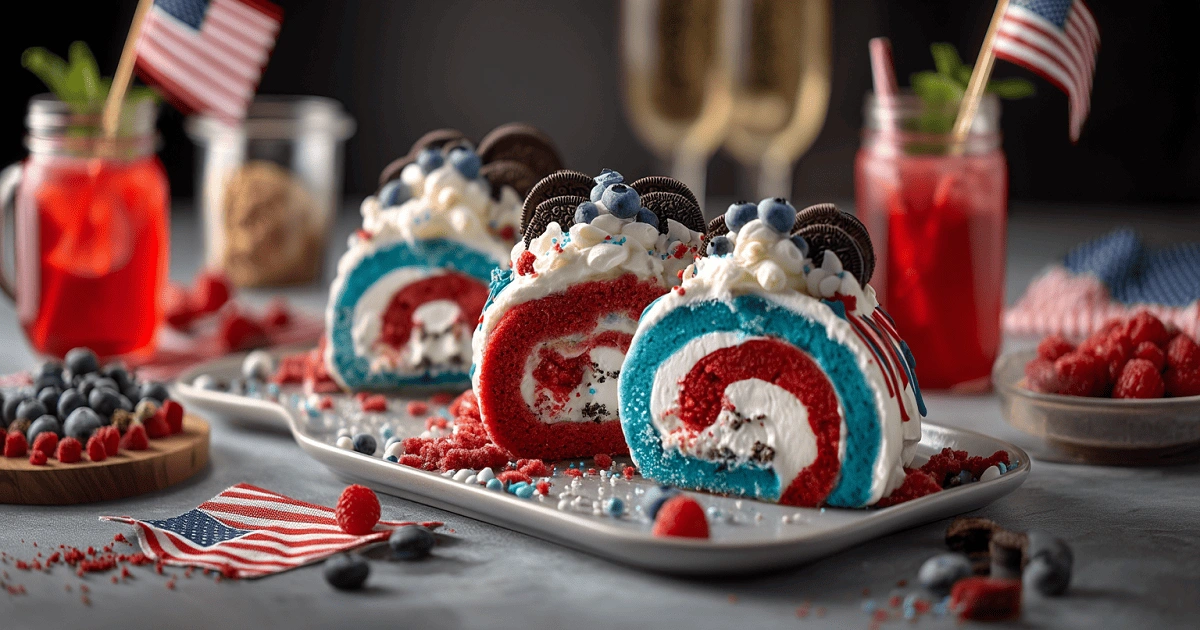 Red White & Blue Oreo Cake Roll Explosion served on a plate with whipped cream, Oreos, berries, and patriotic decorations