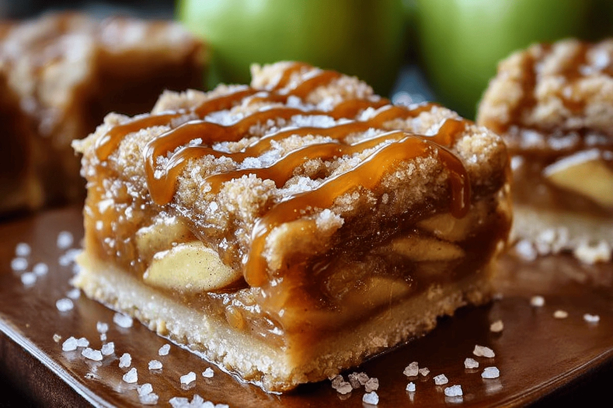 Close-up of Salted Caramel Apple Pie Bars with sea salt on top