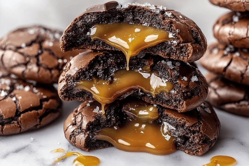 Salted Caramel Chocolate Lava Cookies with gooey caramel