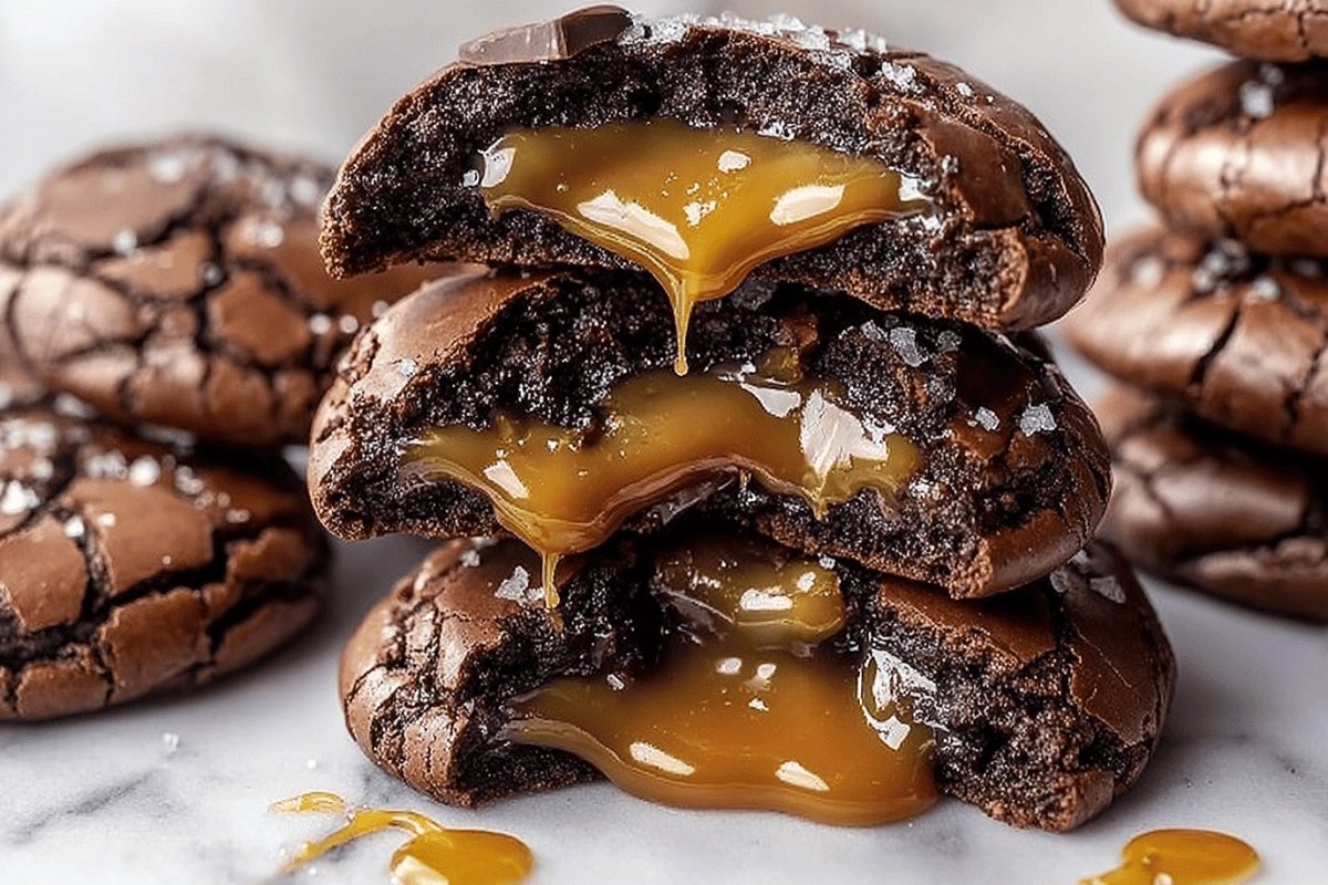 Salted Caramel Chocolate Lava Cookies with gooey caramel
