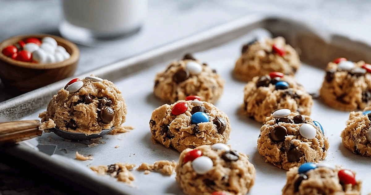 Scooping 4th of July Monster Cookie dough onto tray