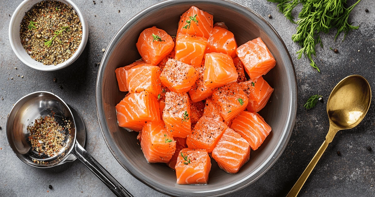 Seasoned raw salmon cubes for Bang Bang bites