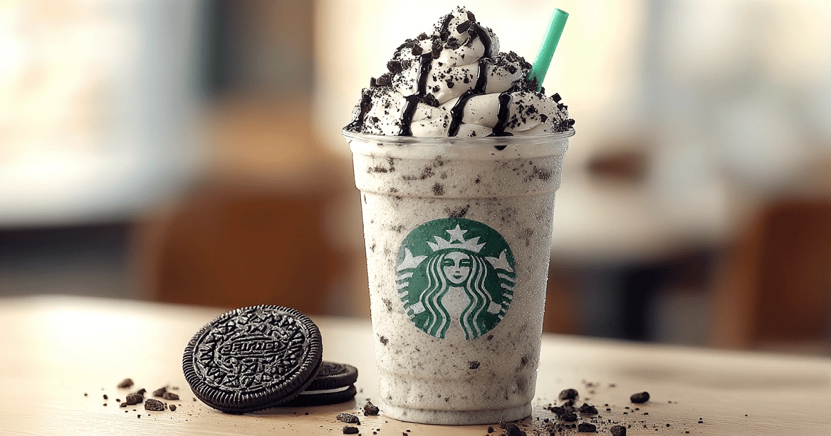 Homemade Starbucks Oreo Frappuccino Copycat topped with whipped cream and Oreos