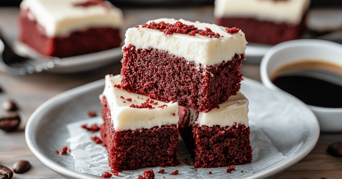 Served Red Velvet Brownies with Cream Cheese Frosting and Coffee