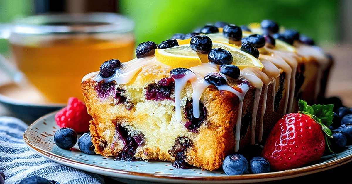Slice of blueberry yogurt loaf cake with tea