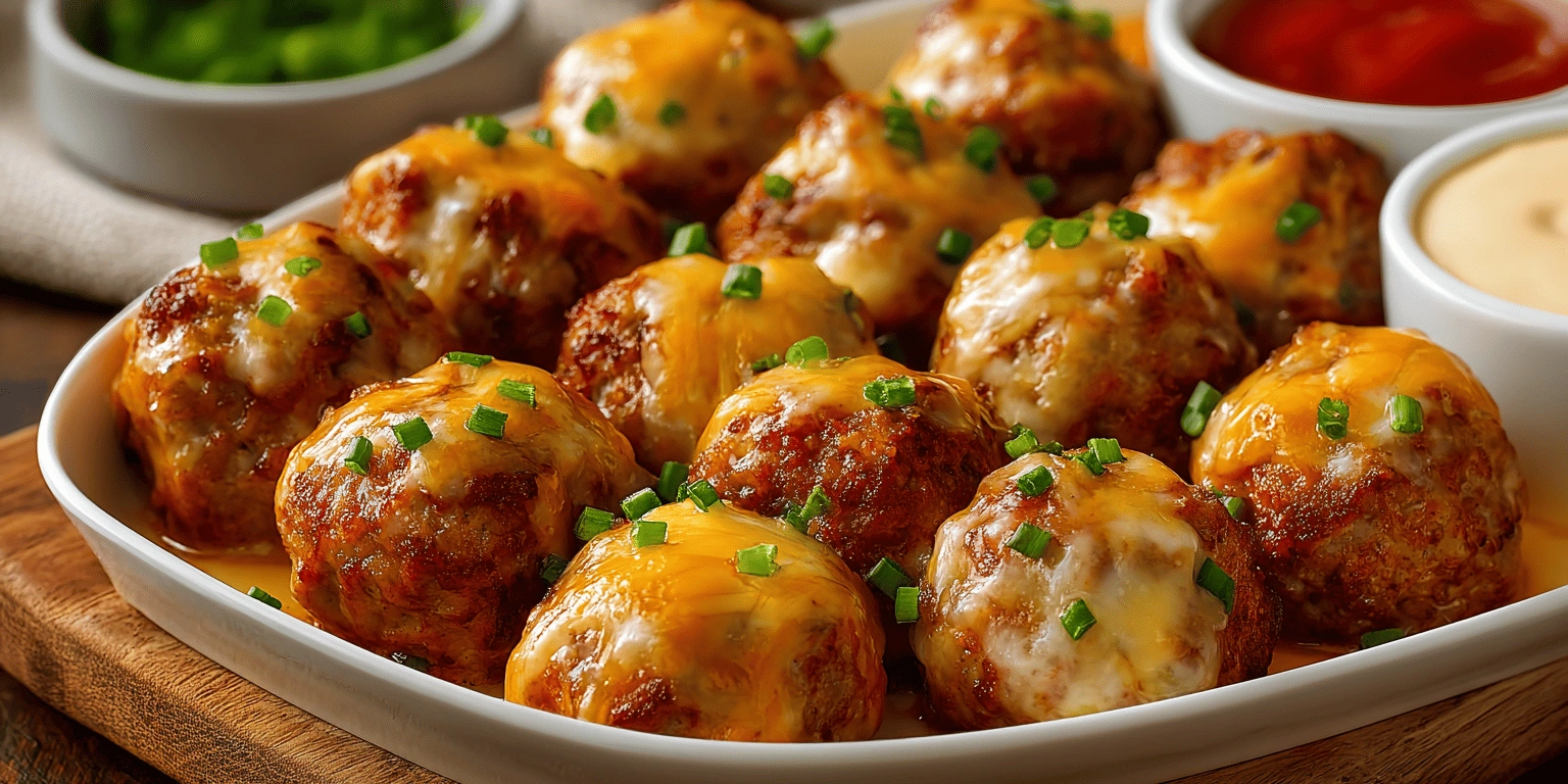  Rotel sausage balls served with dipping sauces