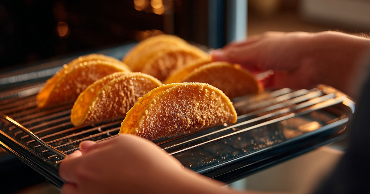Hands placing cinnamon sugar taco shells onto an oven rack to bake for strawberry cheesecake dessert tacos