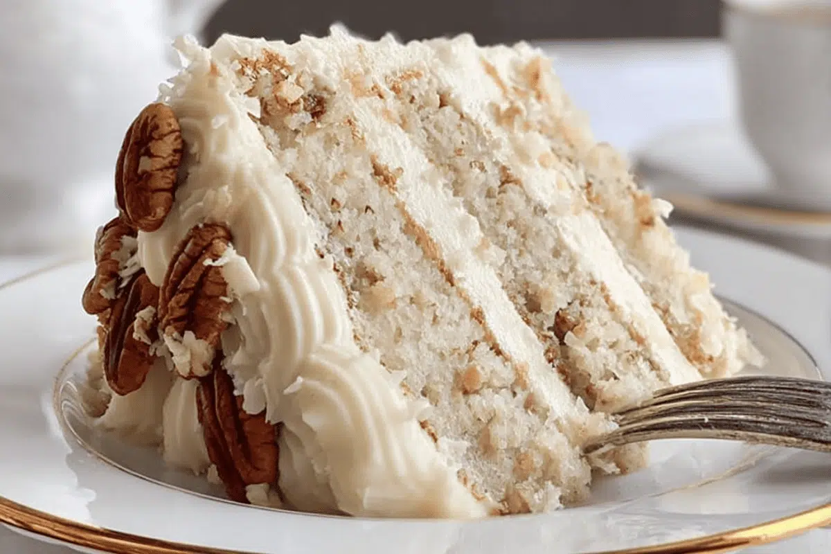 Slice of Snowy Bavarian Bliss Cake with coconut-pecan frosting and creamy white layers