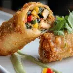 Southwestern Egg Rolls with chicken, black beans, corn, and cheese served crispy with avocado sauce