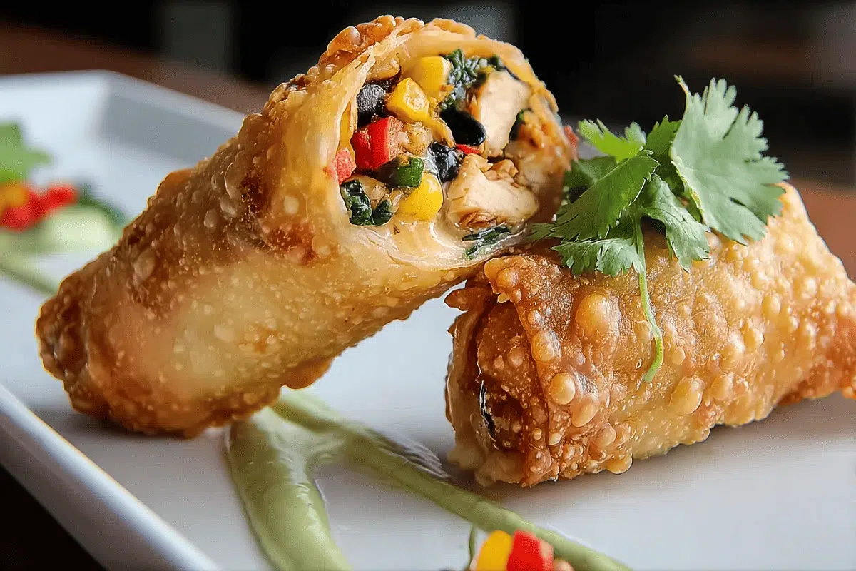 Southwestern Egg Rolls with chicken, black beans, corn, and cheese served crispy with avocado sauce