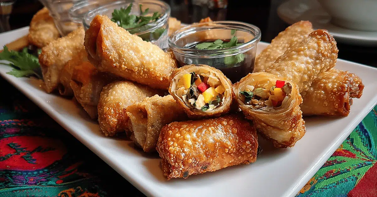 Party-ready platter of Southwestern Egg Rolls with dips