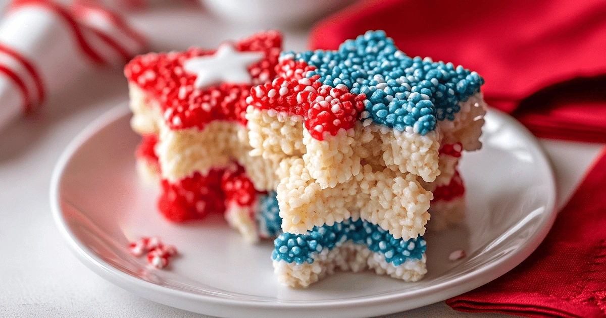 Star-shaped 4th of July Rice Krispies Treats stacked on a plate