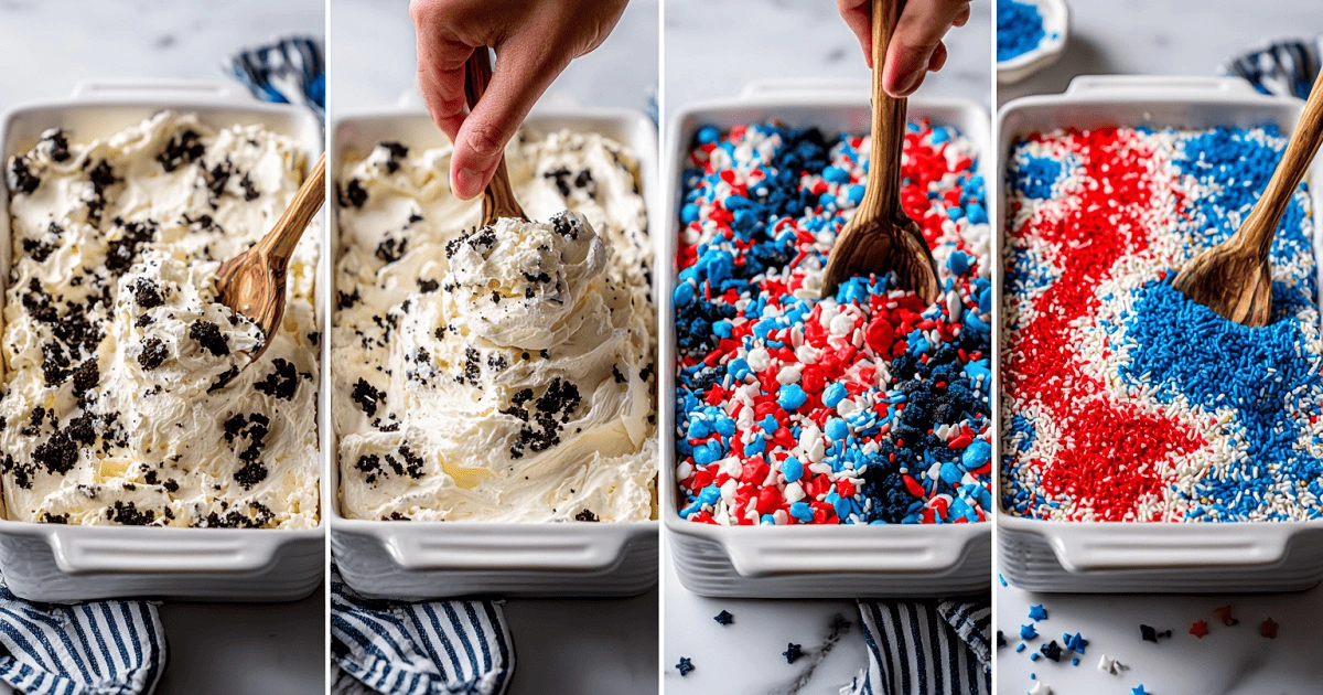 Preparing No-Bake Fireworks Oreo Cheesecake Bars step by step