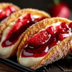 Strawberry Cheesecake Dessert Tacos with cream filling and strawberry topping in crispy cinnamon sugar shells