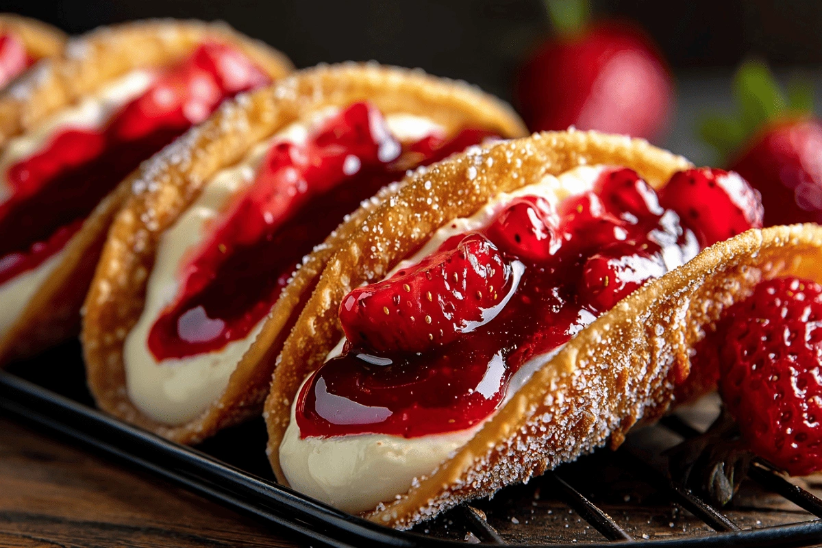 Strawberry Cheesecake Dessert Tacos with cream filling and strawberry topping in crispy cinnamon sugar shells
