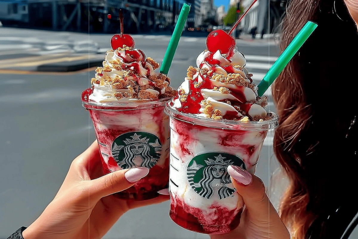 strawberry cheesecake frappuccino with whipped cream and cherry in Starbucks-style cups