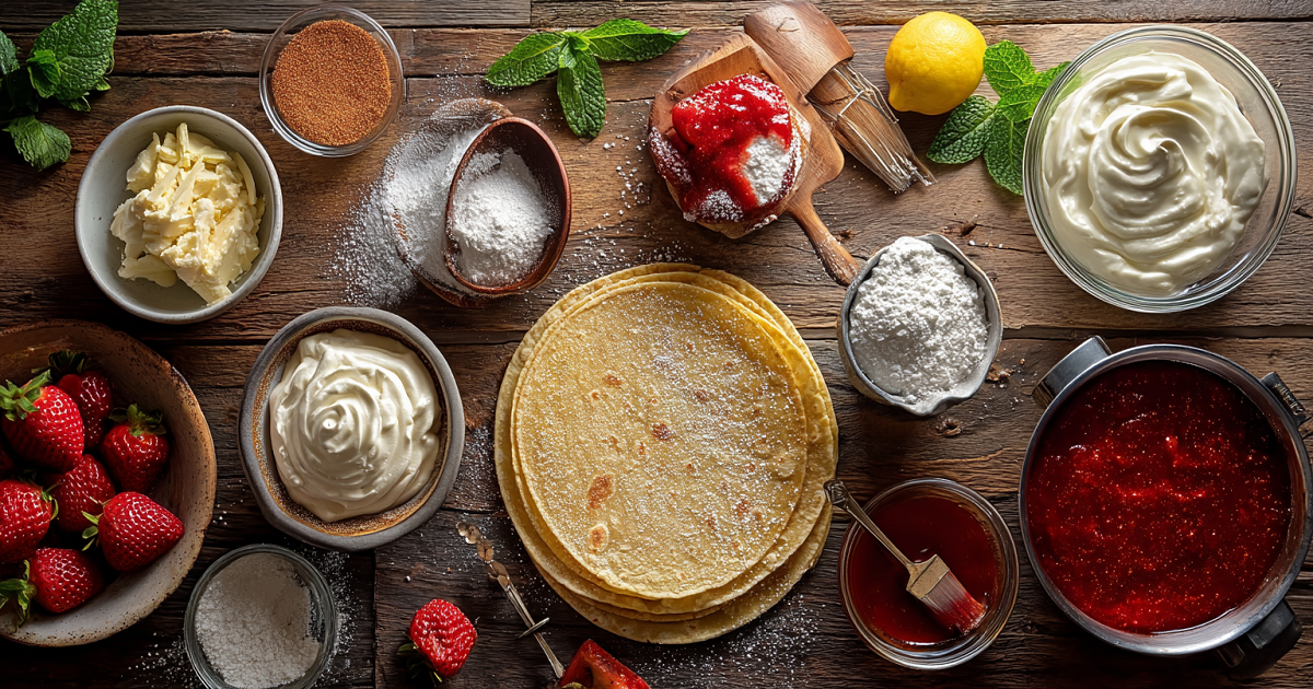 Flat lay of ingredients for strawberry cheesecake dessert tacos including tortillas, strawberries, cream cheese, butter, cinnamon, and sugar