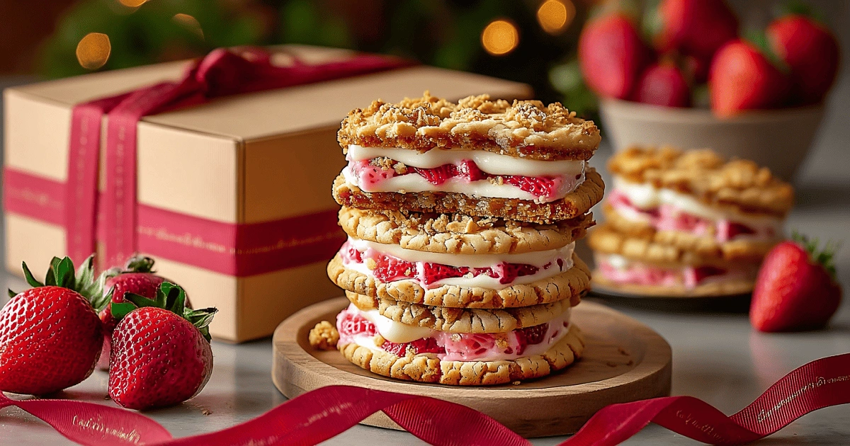 Stack of strawberry crunch cheesecake stuffed cookies with cream cheese filling and fresh strawberries, styled with a gift box and red ribbon for party or holiday presentation