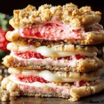 Strawberry Crunch Cheesecake Stuffed Cookies stacked close-up