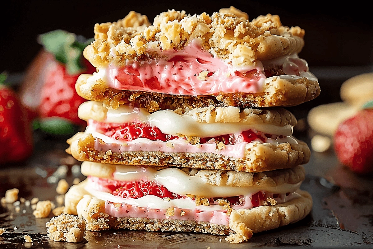 Strawberry Crunch Cheesecake Stuffed Cookies stacked close-up
