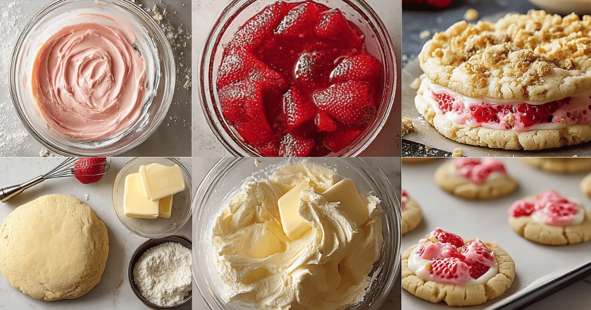Step-by-step collage showing how to make strawberry crunch cheesecake stuffed cookies including pink cream cheese filling, cookie dough, freeze-dried strawberry topping, and pre-bake cookie tray