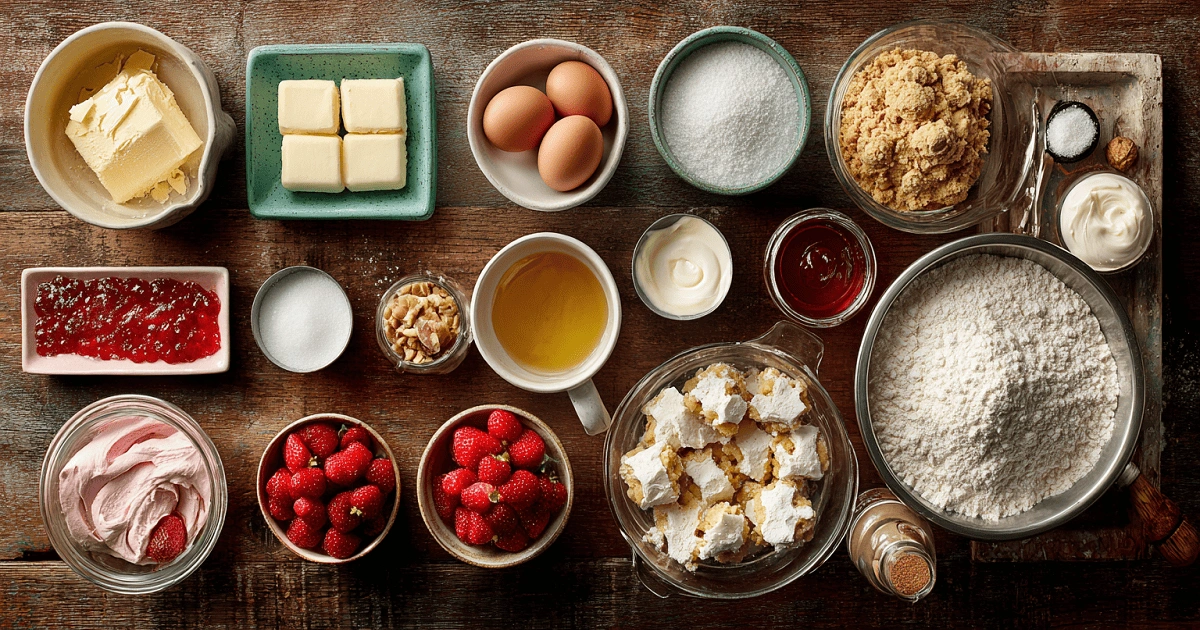 Flat lay of ingredients for strawberry crunch cheesecake stuffed cookies including flour, butter, sugar, cream cheese, strawberry jam, eggs, and fresh strawberries arranged on a rustic wood table