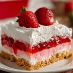 Strawberry Lasagna layered no-bake dessert with whipped cream and fresh strawberries