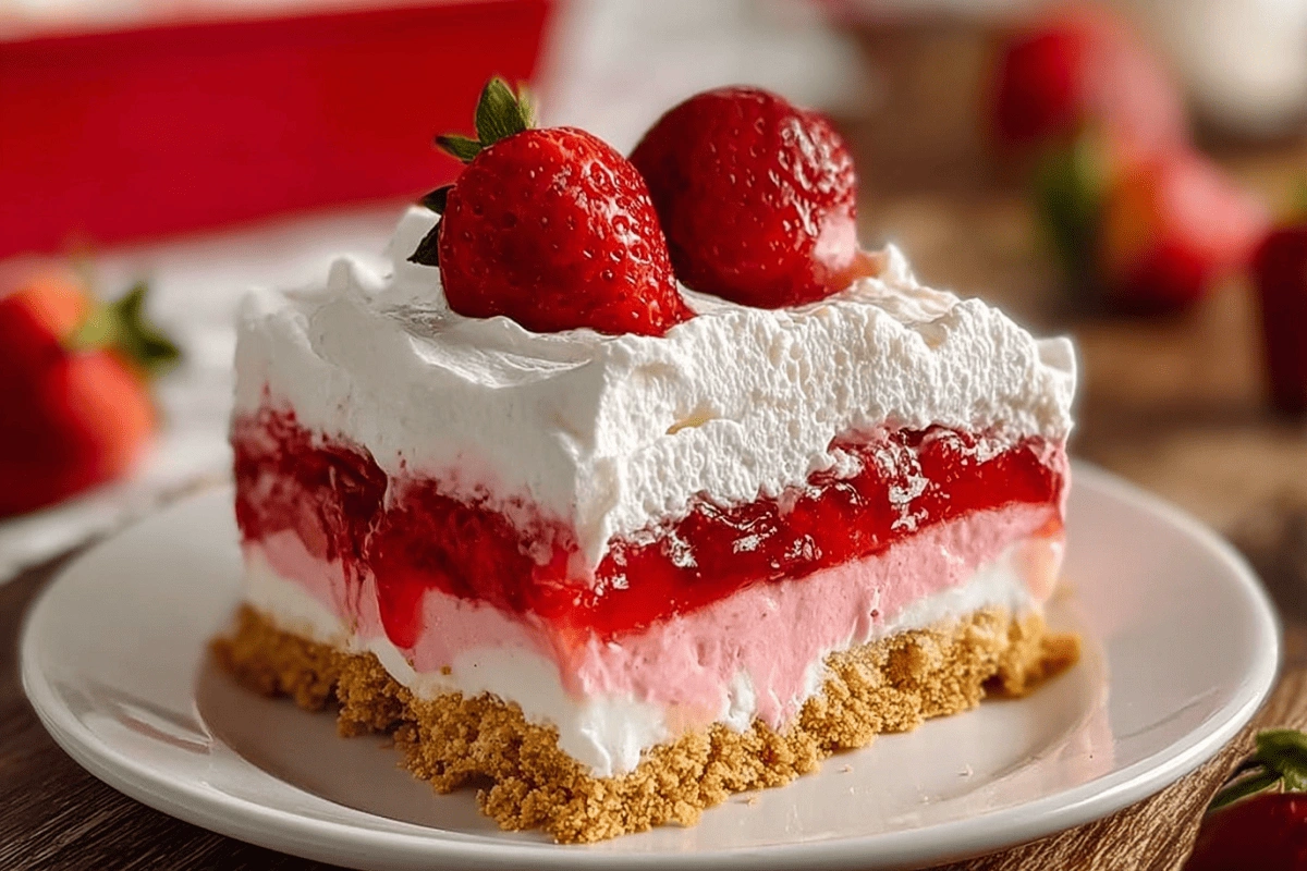 Strawberry Lasagna layered no-bake dessert with whipped cream and fresh strawberries