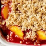Freshly baked Strawberry Peach Crisp in rustic dish