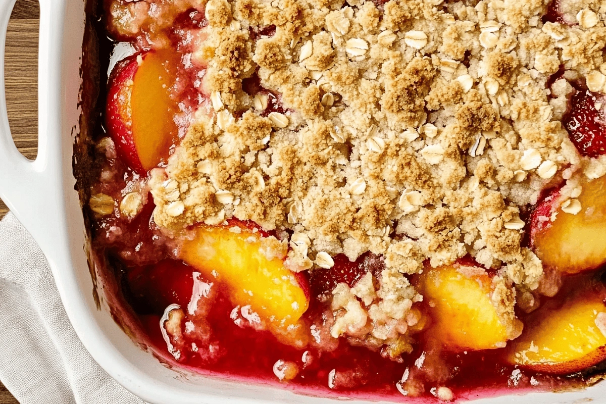 Freshly baked Strawberry Peach Crisp in rustic dish