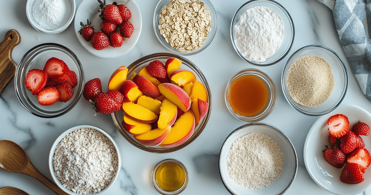 Ingredients for Strawberry Peach Crisp laid on a counter