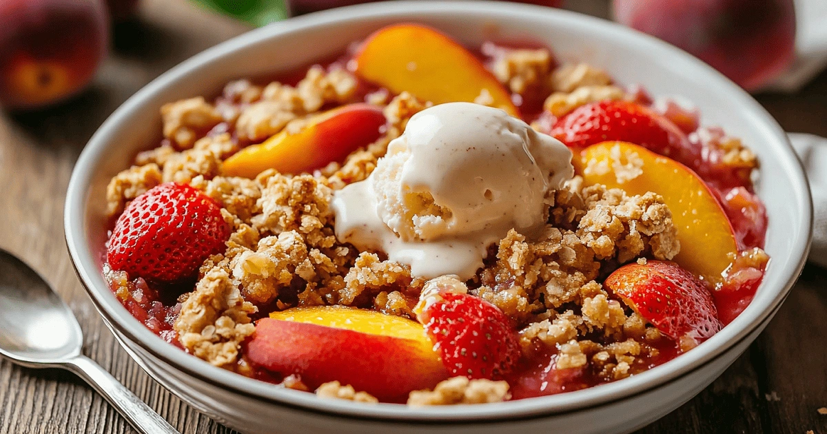 Strawberry Peach Crisp served with vanilla ice cream