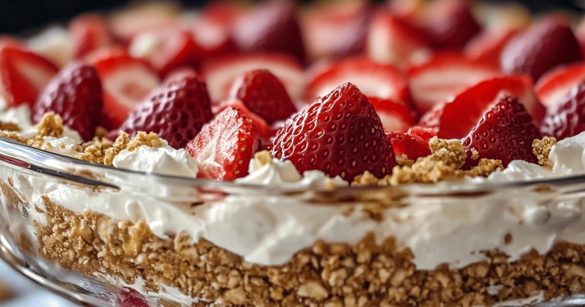 Pretzel and cream cheese layers in strawberry pretzel salad