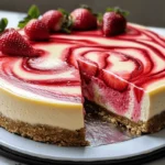 strawberry swirl cheesecake with red swirl on top
