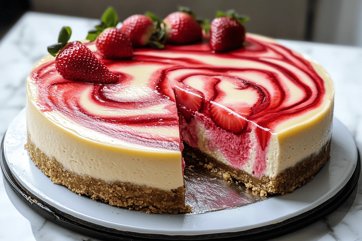 strawberry swirl cheesecake with red swirl on top