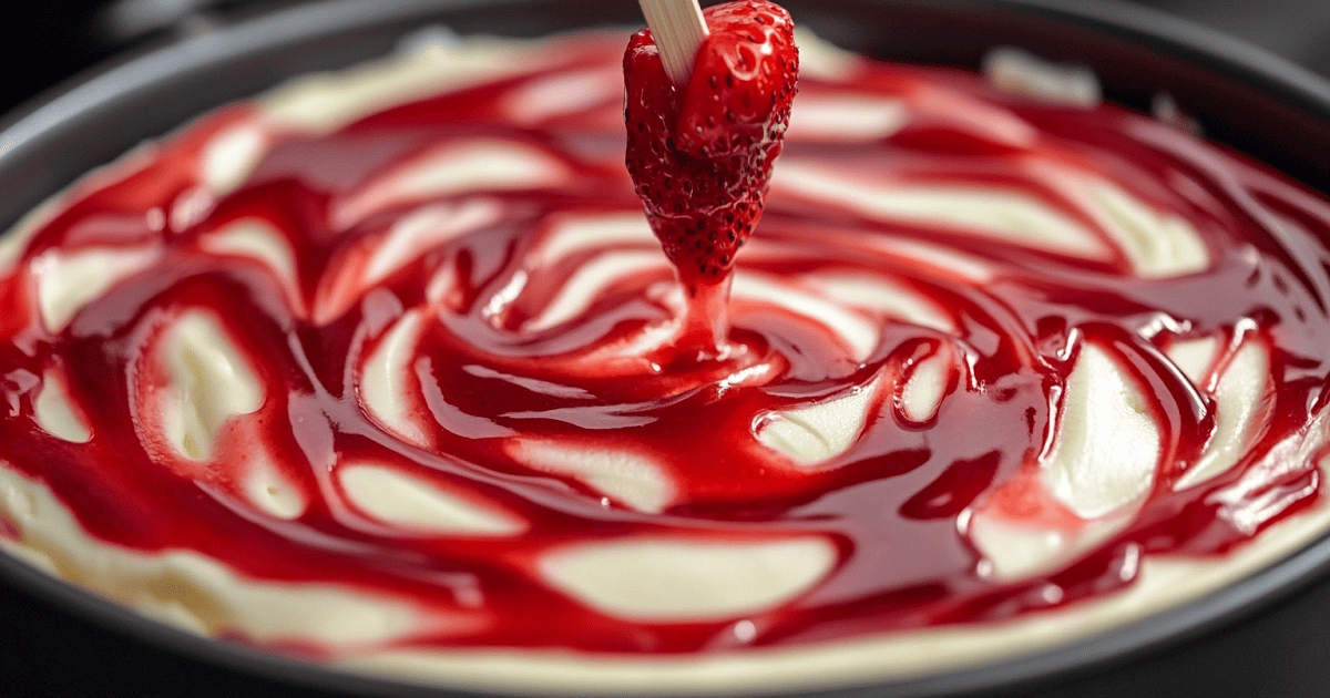 swirling strawberry sauce into cheesecake batter