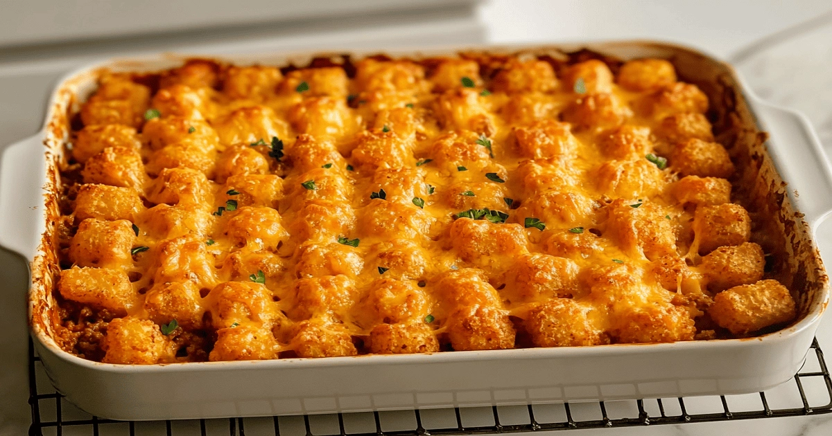 Tater Tot Casserole fresh from the oven