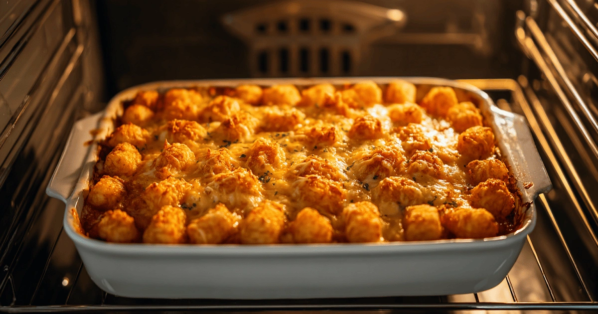 Tater tot casserole baking in the oven