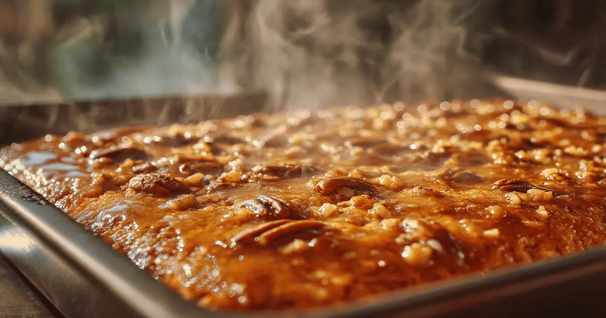 Texas Praline Dream Cake fresh from the oven with pecan glaze