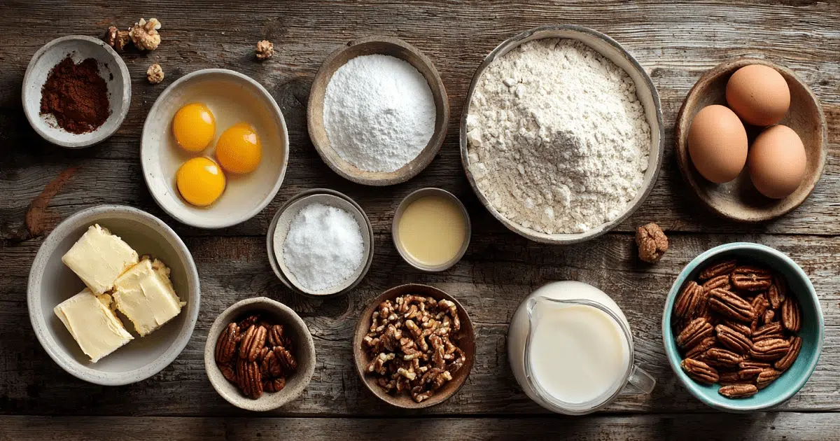  Ingredients for making Texas Praline Dream Cake laid out on counter