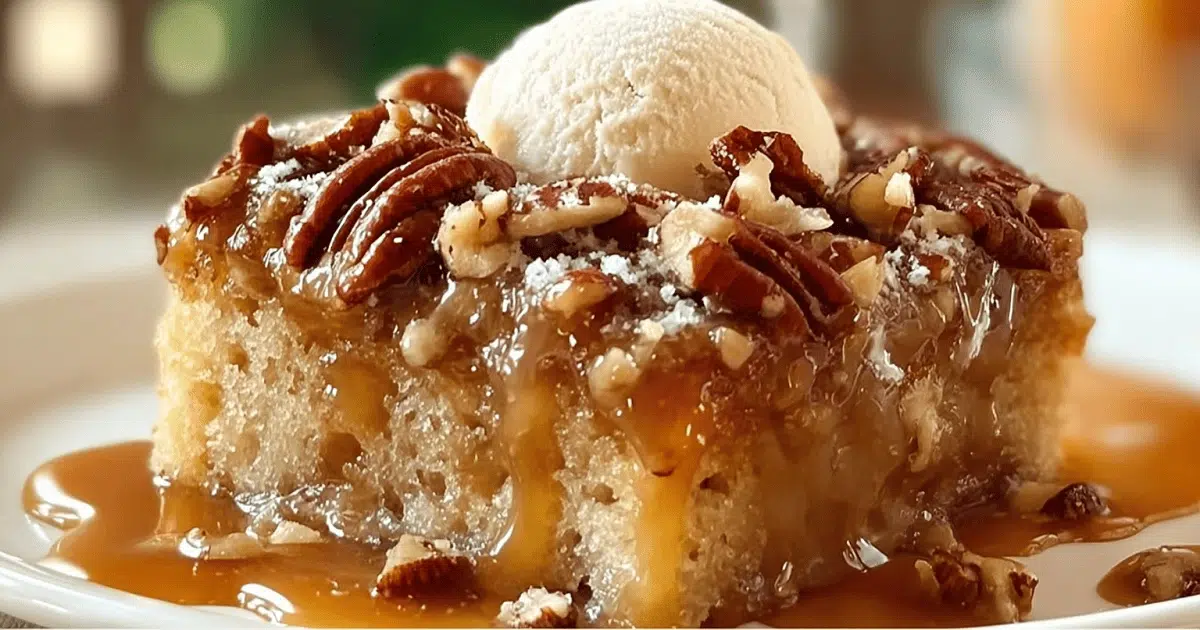 Slice of Texas Praline Dream Cake ready to serve with whipped cream