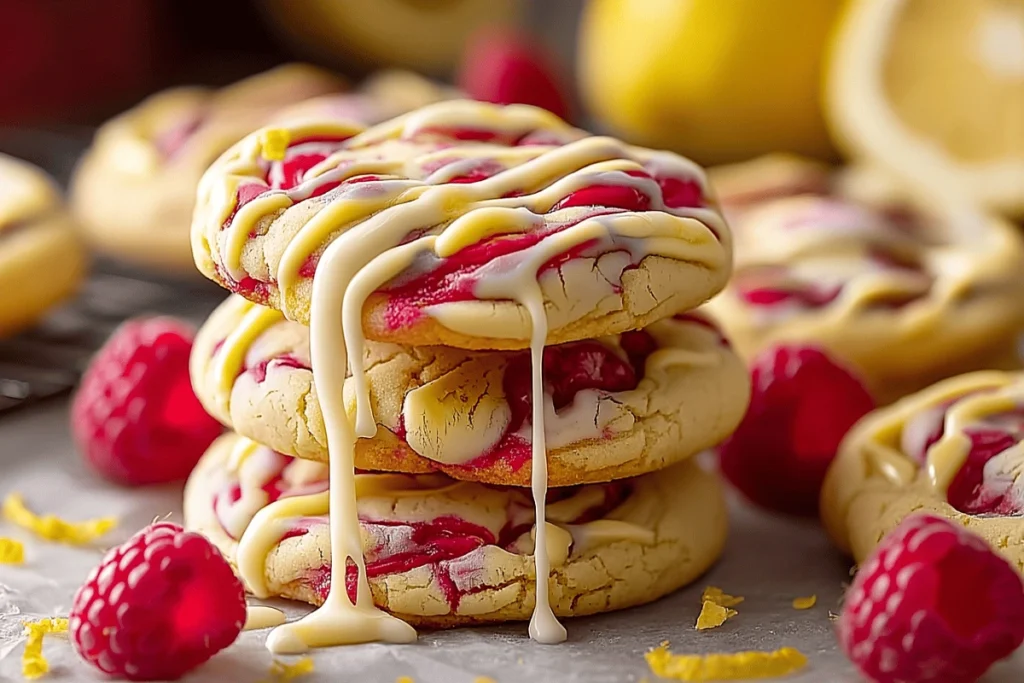 White Chocolate Lemon Raspberry Cookies stacked with drizzle and raspberry swirls