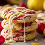 White Chocolate Lemon Raspberry Cookies stacked with drizzle and raspberry swirls