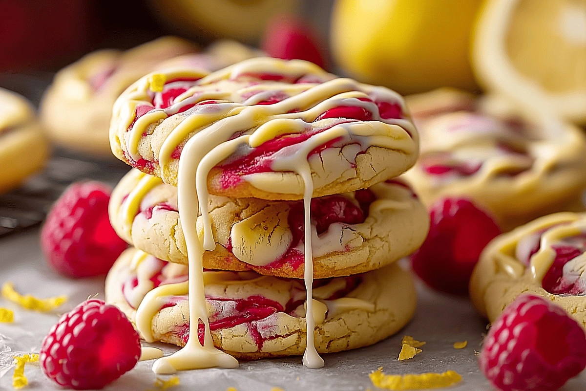White Chocolate Lemon Raspberry Cookies stacked with drizzle and raspberry swirls